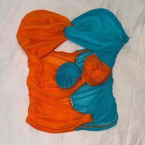 Two-Tone Orange and Teal Strapless Bustier with Rosette Accents